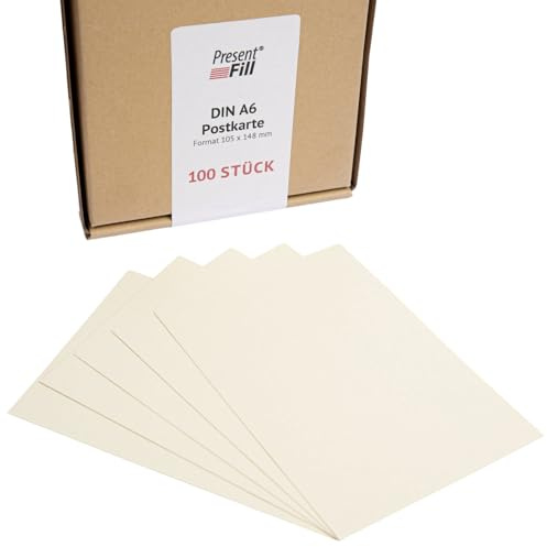 PresentFill® - Postales en blanco en color crema, juego de tarjetas de papel (100 unidades) para diseñar, etiquetar o imprimir - 210 g/m² - DIN A6-105 x 148 mm