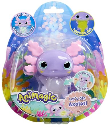 Animagic - Let’s Glo Axolotl Pastel - Animal de Compagnie Électronique Lumineux - pour Enfants dès 4 Ans - Corps Extensible avec Perles d’Eau Phosphorescentes et UV LED - Flotte & Brille dans l’Eau