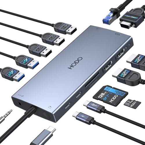 Dockingstation Laptop 2 Monitore,15 in 1 Docking Station Triple Display, USB C Hub Adapter mit 2 HDMI, VGA, Ethernet, PD, 5USB, USB C Port, SD TF Kartensteckplatz, Audio und Bildschirm EIN/ausTaste