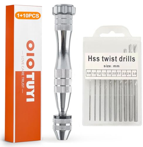 OioTuyi Pin Vise Hand Drill Set Includes 10 Precision Drill Bits and a Handle, Mini and Hobby Drill Bits for Wood, Clay, Resin Modeling, Resin, DIY Crafts, Jewelry Making, 0.8-3.0 mm