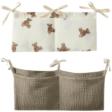 Wisebom Hängend Babybett Organizer Wickeltisch Organizer, 2 Stück Kinderbett Aufbewahrungstasche aus 100% Baumwolle, Kinderzimmer Organizer Tasche für Windeln Spielzeug