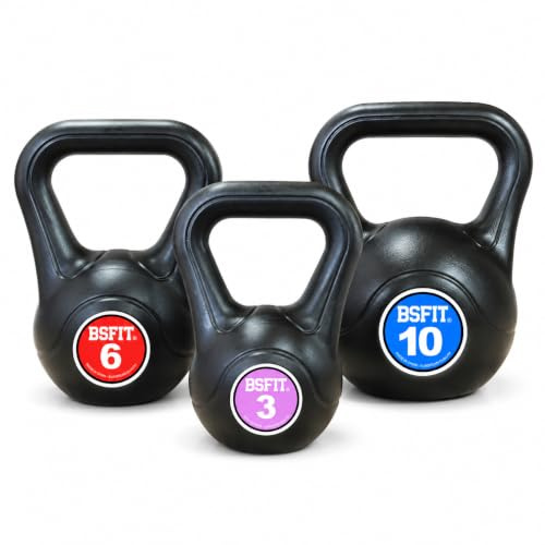 BSFIT Pesa Rusa Kettlebell Fabricada en España, Agarre Ergonómico, Base Estable, Entrenamiento de Fuerza y Fitness, 3 a 14 kg (SET 3-6 Y 10KG)
