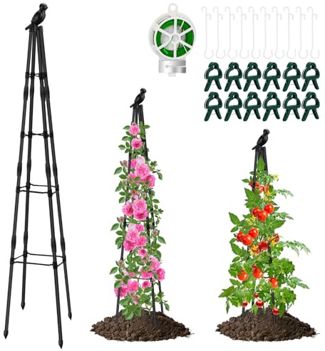 Yotako Enrejado de jardín para plantas trepadoras – Obelisco de jardín de metal inoxidable ajustable para plantas trepadoras soporte con 20 m Twistee Tie 10 clips 10 ganchos para marco de guisantes