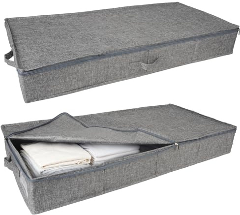 BlyeMichdi 2 Piezas Caja de Almacenamiento Debajo de la Cama, Robusto Bolsas para Guardar Ropa con Tapa y 3 Asas, Plegable Organizador para Sofá Armario para Mantas, Zapatos y Edredones (Gris)