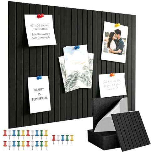 6Pcs 30x30cm Strong Self Adhesive Felt Bulletin Board, 0.9cm Thick, Black | Cork Board Alternative with 25 Push Pins, Felt Wall Tiles Home Kitchen Office School for Photos Memos