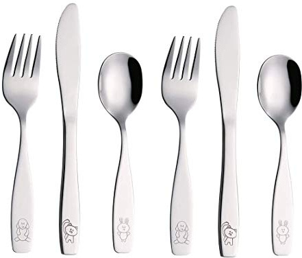 ANNOVA Children's Flatware 6 Pieces Set - Stainless Steel Cutlery/Silverware 2 x Safe Forks, 2 x Dinner Knife, 2 x Dinner Spoon - Safe Kids Toddler Utensils Lunch Box (Engraved Dog Cat Bunny)