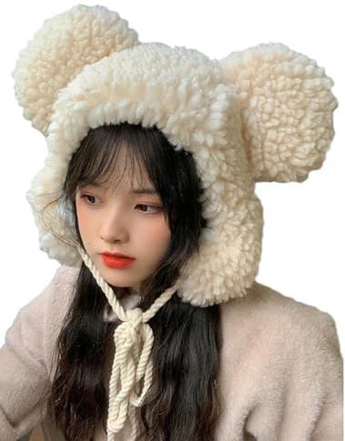 Women Winter Beanie Hat Cute Animal Hooded Hat Cartoon Bear Cap Fleece Earflap Cap Windproof Coldproof Full Hood Hats Beige