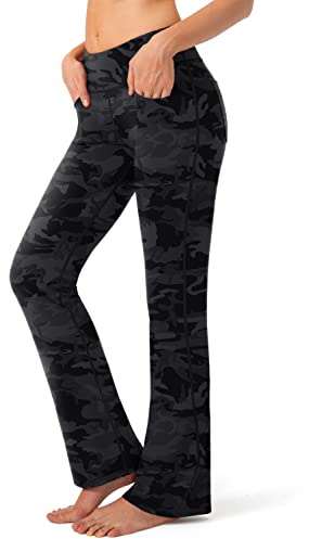 G Gradual Women's Yoga Pants with Pockets Flare Leggings High Waist Yoga Dress Pants Tall Bootcut Casual Work, Black Camo, Large