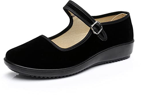 AioTio Upgraded Women's Velvet Mary Jane Shoes Black Cottton Old Beijing Cloth Flats Yoga Exercise Dance Shoes (5 UK)