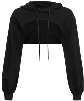 GORGLITTER Damcrop huvtröja pullover, mycket korta tröjor, långärmad tröja, rund krage, cut outs skjortor med huva, svart, S