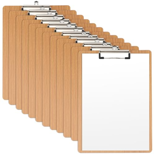 JEUIHAU Lot de 12 planchettes à pince A4 en bois durable, porte-bloc de qualité avec poignée à ressort robuste et trou, Porte Bloc Format A4 pour bureau, travail, salle de classe, affaires,