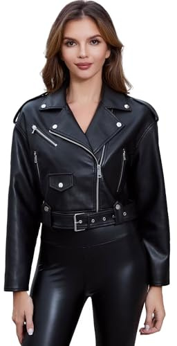 DIASHINY Kunstleder Jacke Für Frauen Cropped Lose PU Leder Moto Biker Mantel Motorrad Jacken Schwarz M