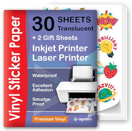 AgoDeo Lámina adhesiva semitransparente para imprimir – 30 hojas – A4 – Papel de vinilo imprimible semitransparente para láser e inyección de tinta – Lámina de vinilo impermeable – Compatible con Cric