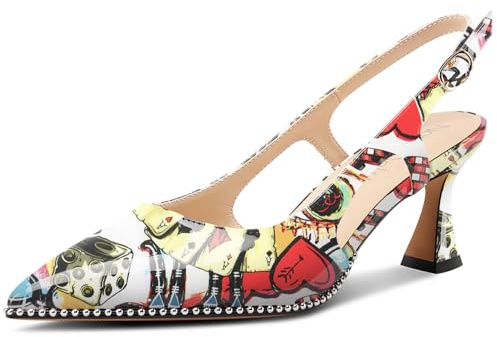 NobleOnly Donna Chiusa a Punta Medio Gattini Tacco Heel Slingback Pumps Fibbia Dress Casual Slip-on Scarpe 6.5 CM Heels Motivo del Poker 39 EU