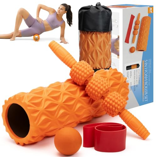 5 in1 Foam Roller Set, Trigger Point Foam Roller, Massage Roller Stick, Massage Ball, Resistance Band for Deep Muscle Massage Pilates Yoga,Fitness Exercise for Whole Body (Pure Orange)