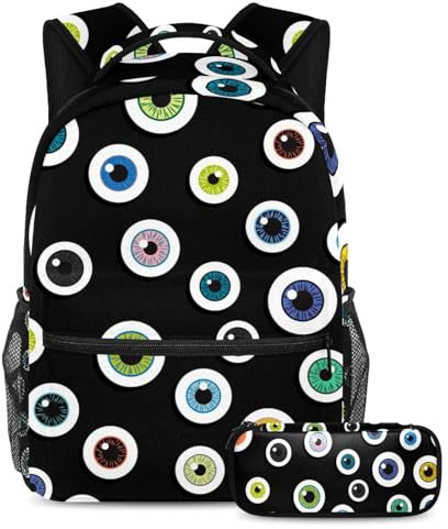 VAPOKF Ensemble de sac d'école motif boule oculaire d'Halloween pour adolescentes, filles, garçons, enfants, sac à dos avec trousse à crayons pour école primaire, secondaire, junior lycée,