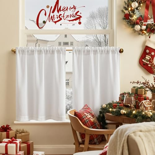 TOPICK Set of 2 Curtains Kitchen Curtains 60 x 65 cm (H x W) Linen Look Short Curtains for Living Room Bedroom Modern Opaque Translucent White