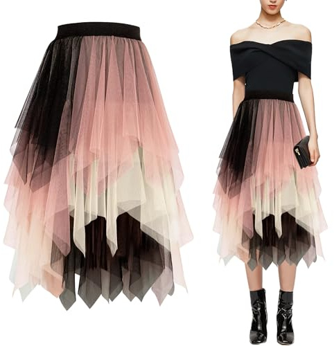 Baogaier Falda Tul Mujer, Elegante Tutu Cintura Elástica Midi Falda Irregular Bajo la Falda en Múltiples Capas Falda Plisado A-Line, Carnaval Fiesta Bodas Disfraz, Rosa-Blanco Negro