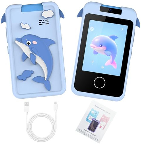 7JI Téléphone Portable pour Enfants Appareil Photo,Smartphone pour Enfants,écran Tactile 1080P HD,garçons et Filles,téléphone Portable Puzzle pour 3 Ans et Plus,Carte mémoire Non Incluse,Dauphin Bleu