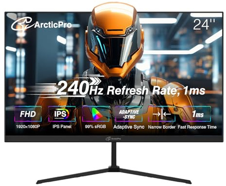 ArcticPro 24 inch Gaming Monitor 240Hz, FHD 1080p, IPS Panel, 1ms Response Time, Adaptive sync, PC Computer Monitor, 3-Sided Frameless, Ultra Slim, 120% sRGB, Bluelight Filter, HDMI & DP Ports,Black