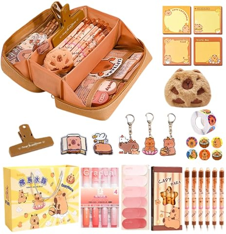 Capybara Trousse à crayons avec fournitures, ensemble de papeterie Capybara avec 70 petits outils d'écriture pour enfants, adolescents, étudiants, 22 x 11 x 6 cm