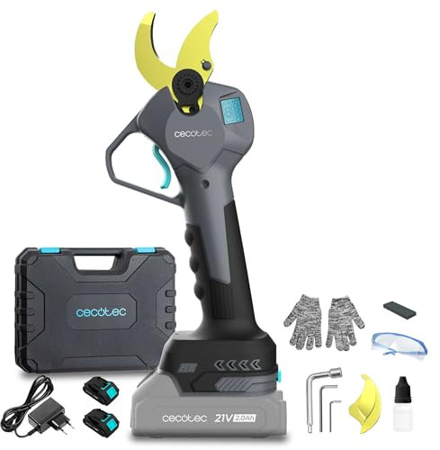 Cecotec Tijeras de Podar Eléctricas TitanCut 3000. 2 Baterías 21V, Motor sin Escobillas, Ramas hasta 30mm, Cuchillas con Revestimiento de Titanio, Control Digital, Incluye Maletín y Accesorios