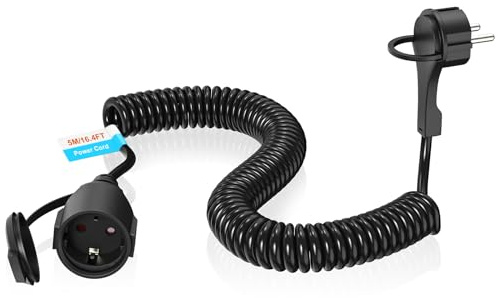 HITRENDS Verlängerungskabel Spiralkabel, Schutzkontakt Spiralleitung dehnbar von 1,05M bis 5M Max, IP20 Eurostecker Spiralkabel, 3 x 1,0 mm² mit Extraflach Schuko Stecker, Schwarz (250V/13A)
