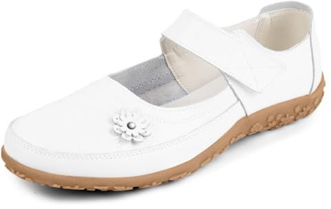OFFCUP Zapato Merceditas Planos Mujer, Zapatos Mary Jane de Piel, Floral Zapatos Tipo Ballet para Damas y Niñas, Suela Antideslizante Cinta de Gancho y Bucle, Tallas 40 UE Blanco