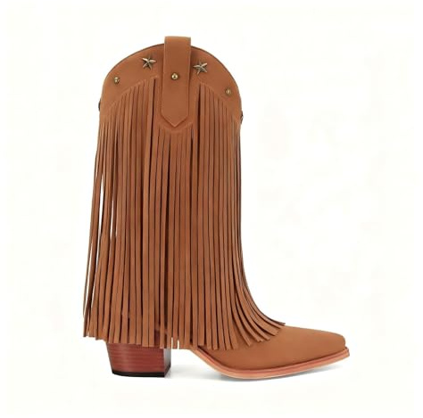 GTBINGGO Brown Fringe Cowboy Boots for Women Studded Mid Calf Cowgirl Booties Pointed Toe Chunky Heel Fashionable Western Boots for Country Music Festivals