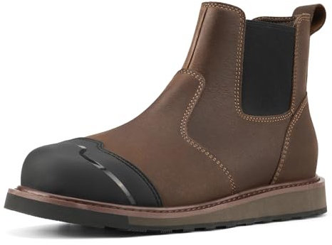 NINGO Mens Steel Toe Work Boots, Slip Resistant Chelsea Boots, Comfortable & Dureable Slip on Boots for Men with EH Protection, Water & Oil Resistant for Construction, Warehouse, Welding
