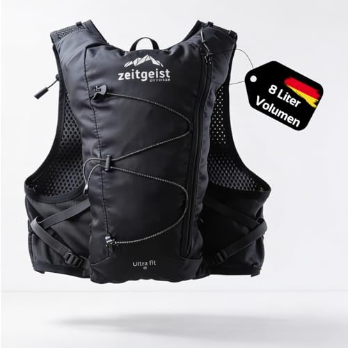 zeitgeist OUTDOOR Laufrucksack Herren und Damen 8L optimale Passform atmungsaktiv ultraleichter Trailrunning Rucksack Trailrunning Weste Laufweste (8L (1. Gen) - sw, M-L)