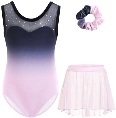 Gogokids Maillot de gimnasia sin mangas de terciopelo para niña, con diamantes de imitación, juego de tres piezas con traje de gimnasia, falda de gasa y cinta para el pelo, para edades 3-11