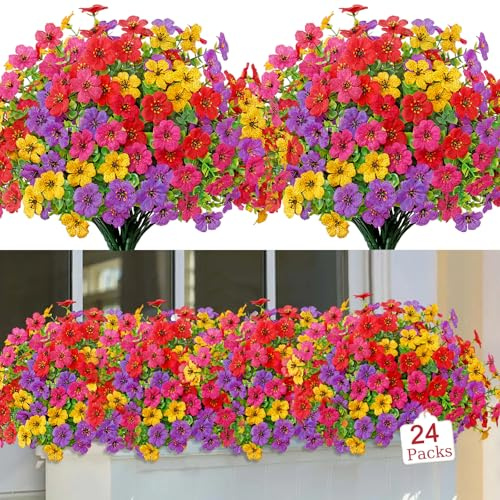 LOMOHOO 24 Bundles Artificial Flowers Outdoor UV Resistant Fake Flowers | No Fade Faux Plants Garden Porch Window Box Decorating (6 red, 6 magenta, 6 purple, 6 yellow)