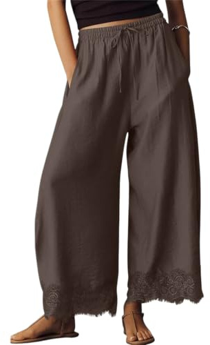 Womens Cropped Lace Hem Pants Casual Drawstring High Waist Summer Wide Leg Pant Lightweight Beach Flowy Trousers with Pockets