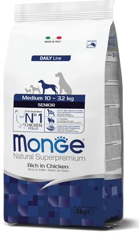 Monge Natural Superpremium SENIOR RICH IN CHICKEN, cibo per cani di tutte le razze (cibo secco per cani da 10 a 32 kg, con pollo, molto ricco di fibre e vitamine, 3 kg)