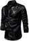 YILEEGOO Men's Shiny Satin Sequins Button Up Dress Shirts Long Sleeve Slim Fit Disco Party Prom Wedding Shirts Costume (Black, XL)