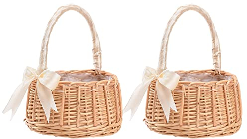 2-teiliges Hochzeits-Blumenmädchen-Körbe-Set, Picknickkorb mit Griffen und Einlagen, Rattan-Blumenkorb, Blütenblattkorb, Süßigkeiten-Aufbewahrungskorb, Weiß