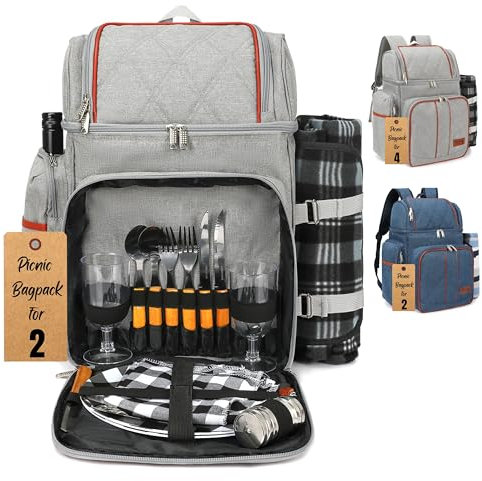 Rnoony Großer Picknickrucksack für 2, Picknickkorb für 2 mit isoliertem Kühler und Flaschentasche, Picknicktasche mit Leichter Decke und Besteckset für Familie, Paar und Wandern