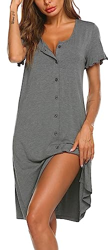 Ekouaer Camicia da Notte Donna Parto Ospedale Abbigliamento da Notte con Bottoni Aperta Davanti Estiva Manica Corta, Grigio L