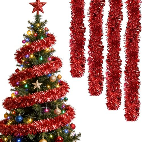 Guirnalda de Espumillón de Navidad, Uirnalda de Espumillón de Navidad, Espumillon Arbol Navidad, Brillante Espumillón, Adornos de Navidad para Interior y Exterior y Fiestas navideñas, Rojo