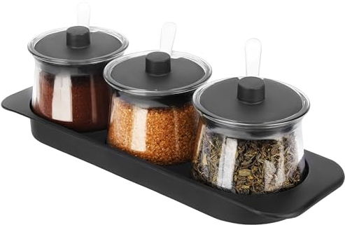 BELLE VOUS Botes Especias con Bandeja - 3x Cajas Organizadoras Transparentes 300 ml con Tapa y Cucharas - 3x Botes Especias Cristal para Sal Azúcar Chuches Condimentos de Cocina