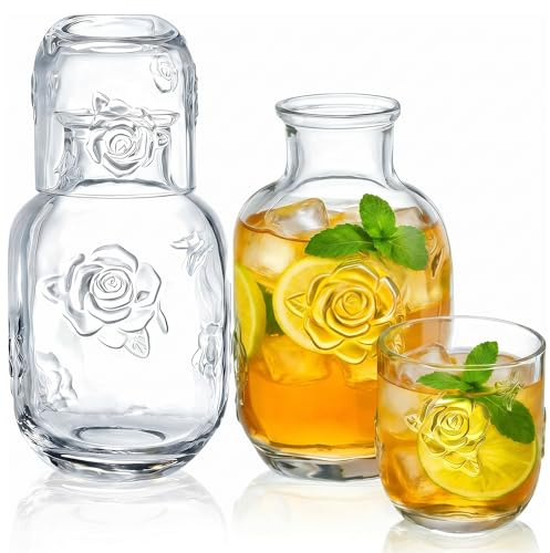 Goaste 2 Sets Bedside Water Carafe with Tumbler, 16oz Vintage Nightstand Glass Pitcher with 5oz Cups, Clear Mouthwash Decanter with Embossed Rose Design for Bathroom, Bedroom, Bar, Kitchen
