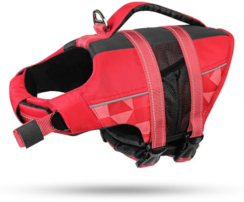 CITÉTOILE Dog Life Jacket, Dog Life Vest with Reflective Stripes, Adjustable High Visibility Dog Swimming Vest, Pet Swimsuit for Small Medium Large Dogs Boating, Red, XS