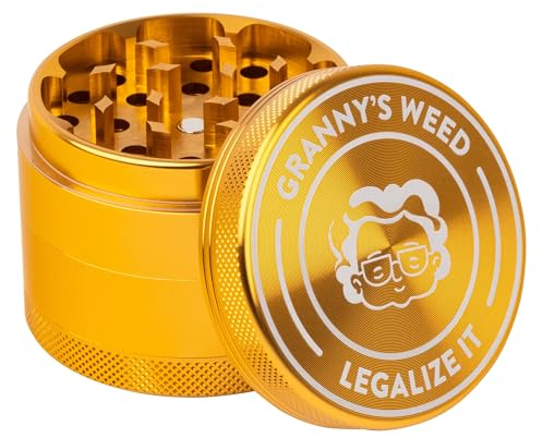 Granny‘s® Premium Aluminium Grinder | messerscharfes Mahlwerk | ∅ 5,5 cm | 4-teilig | inkl. Pollenschieber | Kräutermühle in Gold u. weiteren edlen Designs | Geschenkset Grinder