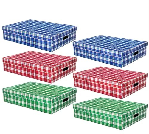 Pack 6 Cajas de Cartón Mediana, Plana, Diseño de Cuadros. Tamaño: 45x35x20 cm. 3 Colores Surtidos. Almacenamiento, Organización, Multiusos, con Tapa y Asas
