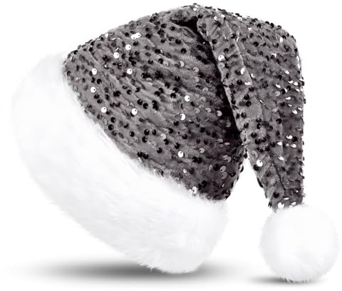 KONVINIT Gris Gorro Navidad,Gorro de Navidadon Lentejuelas,Cálido Gorro de Navidad para Adultos,Gorro Navideño y Sombrero de Santa Claus,Gorro Brillante para Navidad,Gris
