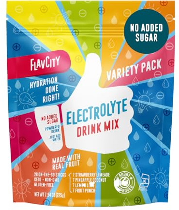 FlavCity Electrolytes Powder Packets - 28 Hydration Packets, Variety Pack - No Added Sugar - Hydration Powder with Real Fruit & Unrefined Sea Salt - Keto & Gluten-Free (28 Stick Packs)