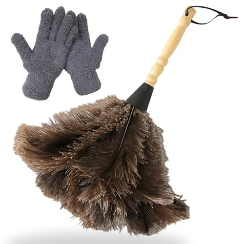 GOEDCH Juego de Plumero de Plumas de Avestruz: Plumero Plumas con Mango de Madera, Plumero de Avestruz Antiestático, Guante De Limpieza Lavable, Reutilizable, para Oficina, Estantería, 32CM
