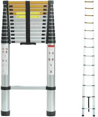 ANDIARBEIT höjdångest teleskopstege av aluminium, kompakt och vikbar, max. Lastkapacitet 150 kg, halkfria ribbor och gummerade fötter, för hem och trädgård (5 m)