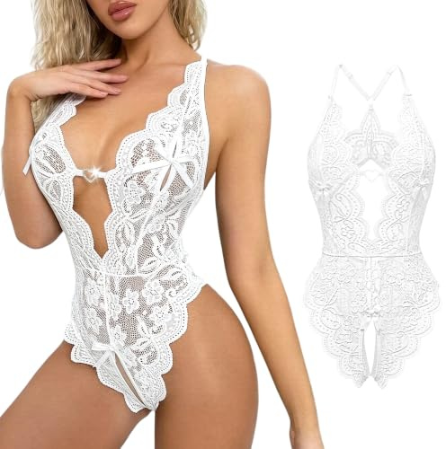 Women's Lace Bodysuit Sexy Lingerie One Piece Teddy Underwear Halter Deep V Chemise Naughty Hollow-out Slim Bodycon Mesh Stretch Jumpsuit Leotard Sleepwear Backless Negligee for Valentine's Day